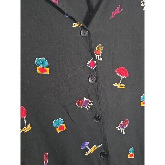 First Option Vintage Black Button Down Novelty Umbrella Chair Shirt Medium - Picture 4 of 6